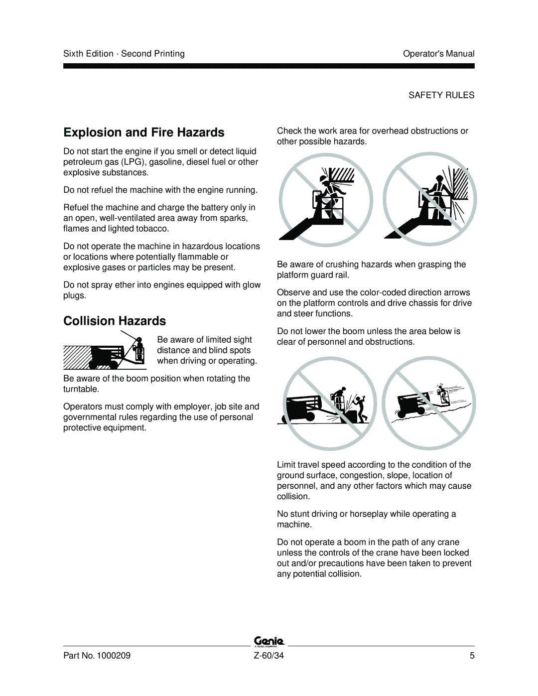 Genie Z-60, Z-34 manual Explosion and Fire Hazards, Collision Hazards 