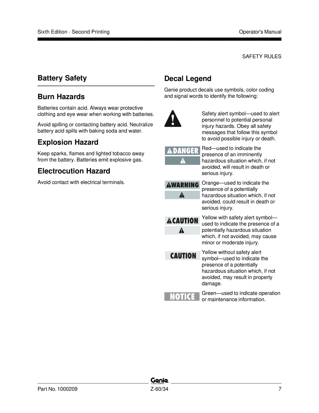 Genie Z-60, Z-34 manual Battery Safety Burn Hazards, Explosion Hazard, Electrocution Hazard, Decal Legend 