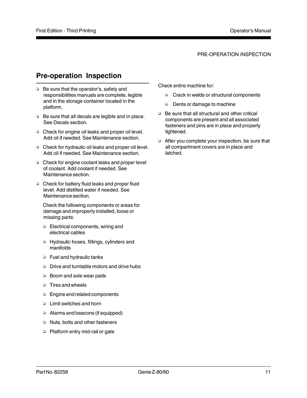 Genie Z-80, Z-60 manual Pre-operation Inspection, PRE-OPERATION Inspection 