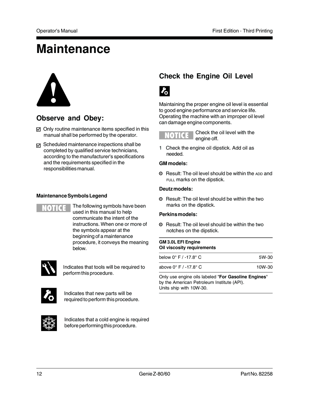 Genie Z-80, Z-60 manual Maintenance, Observe and Obey, Check the Engine Oil Level 