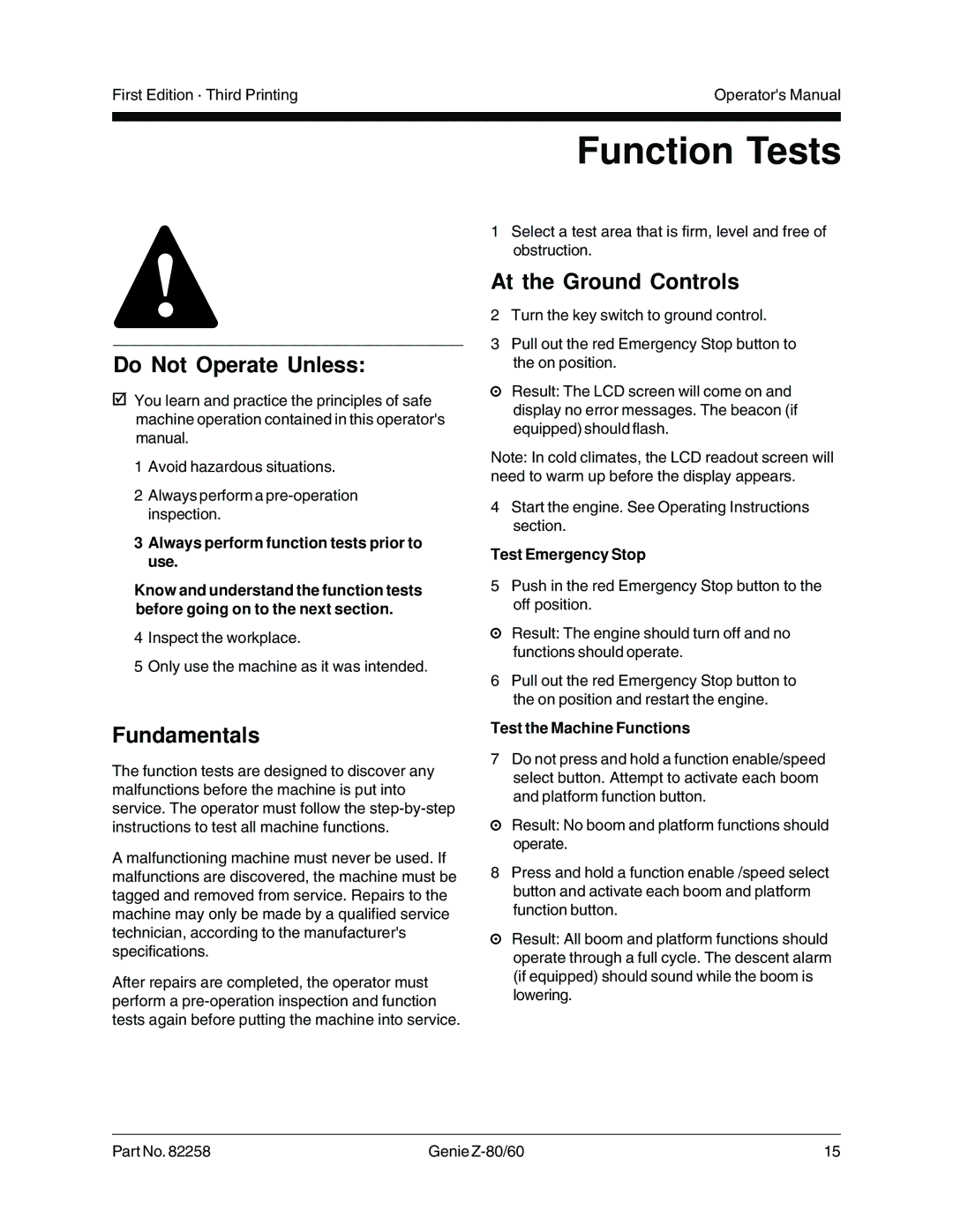 Genie Z-80, Z-60 manual Function Tests, At the Ground Controls, Test Emergency Stop, Test the Machine Functions 