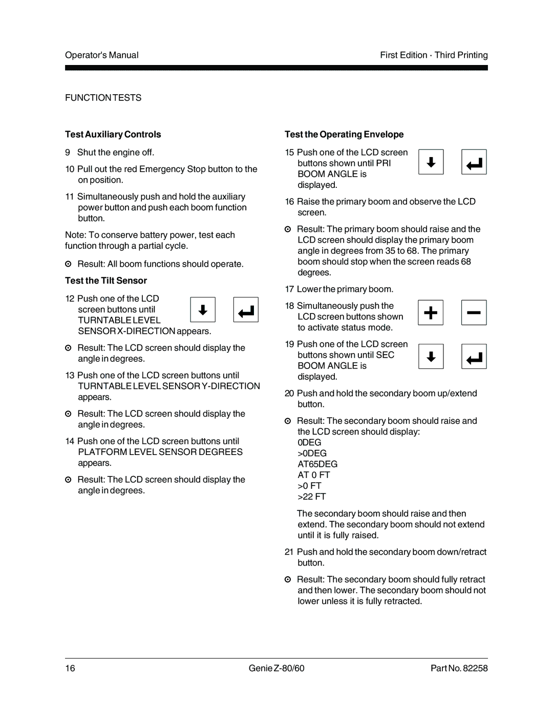 Genie Z-80, Z-60 manual Test Auxiliary Controls, Test the Tilt Sensor, Test the Operating Envelope 