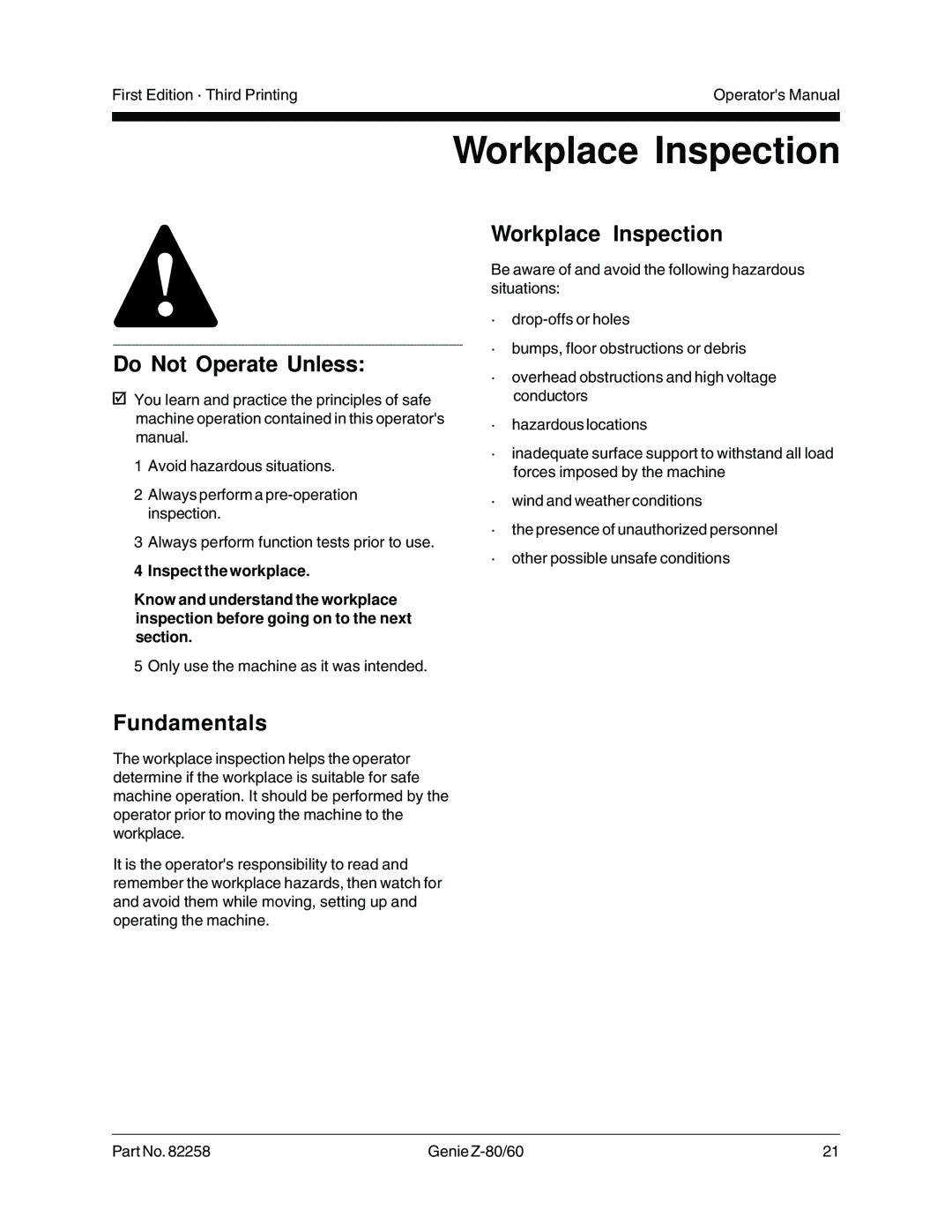 Genie Z-80, Z-60 manual Workplace Inspection 