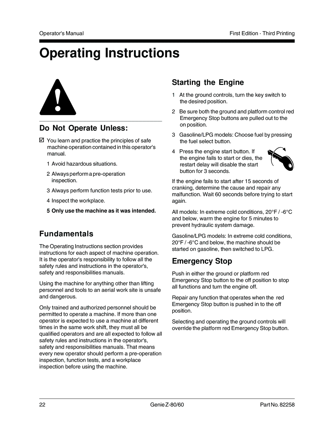 Genie Z-80, Z-60 Operating Instructions, Starting the Engine, Emergency Stop, Only use the machine as it was intended 