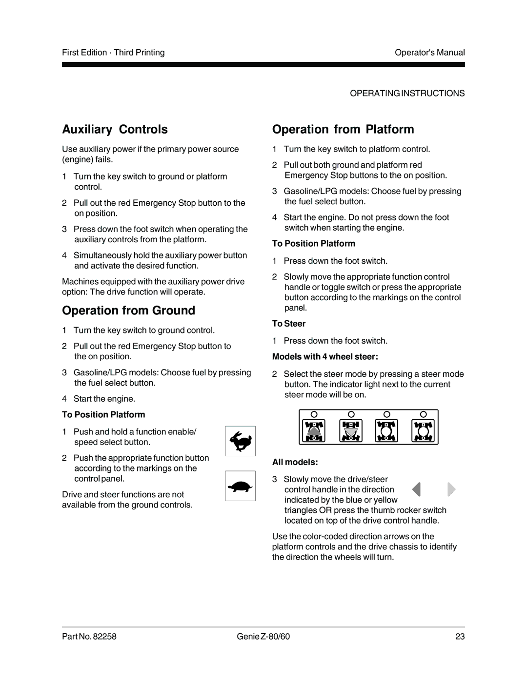 Genie Z-80, Z-60 manual Auxiliary Controls, Operation from Ground, Operation from Platform 