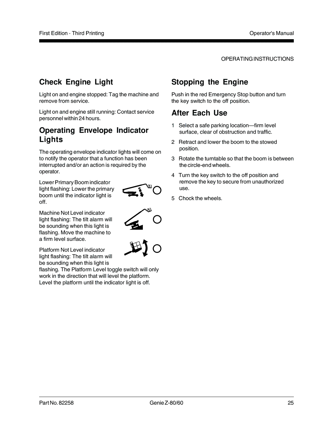 Genie Z-80, Z-60 manual Check Engine Light, Operating Envelope Indicator Lights, Stopping the Engine, After Each Use 