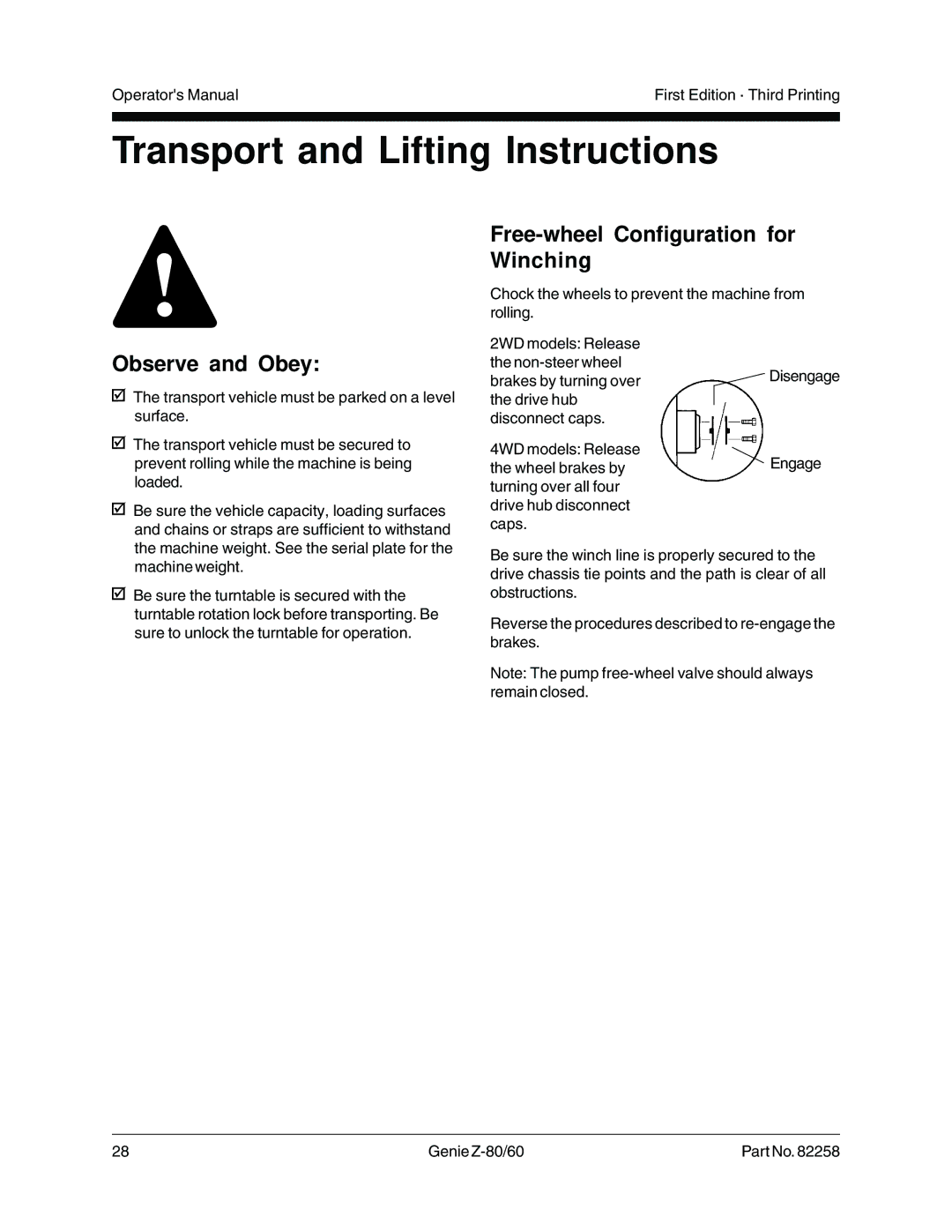 Genie Z-80, Z-60 manual Transport and Lifting Instructions, Free-wheel Configuration for Winching 