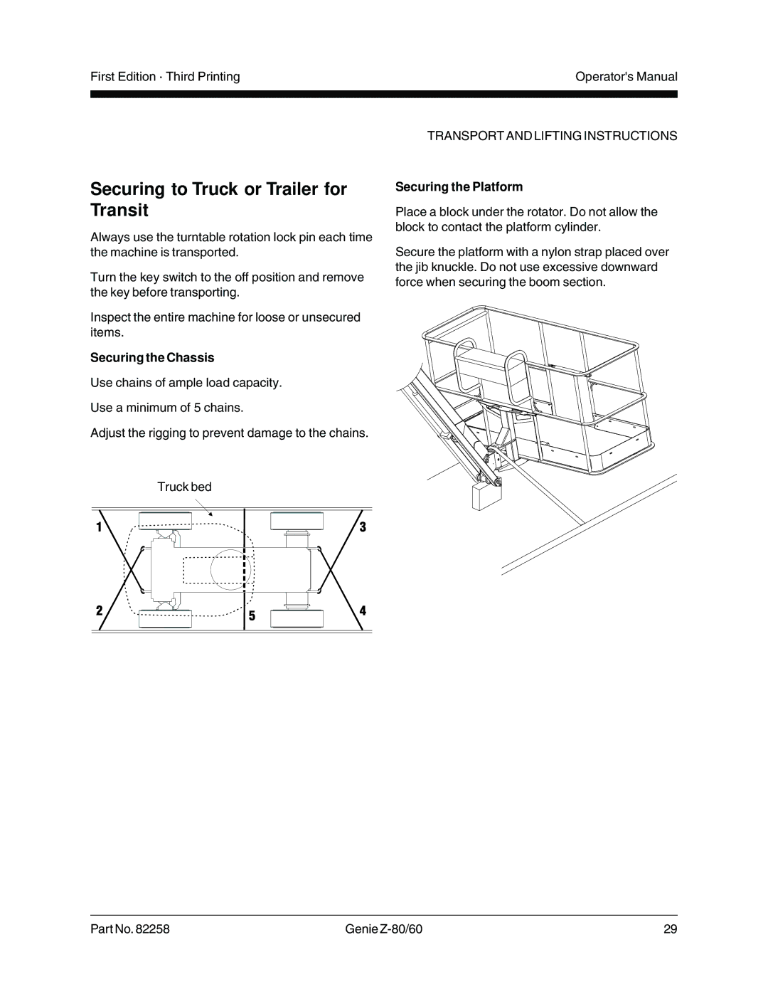 Genie Z-80, Z-60 manual Securing to Truck or Trailer for Transit, Securing the Chassis, Securing the Platform 