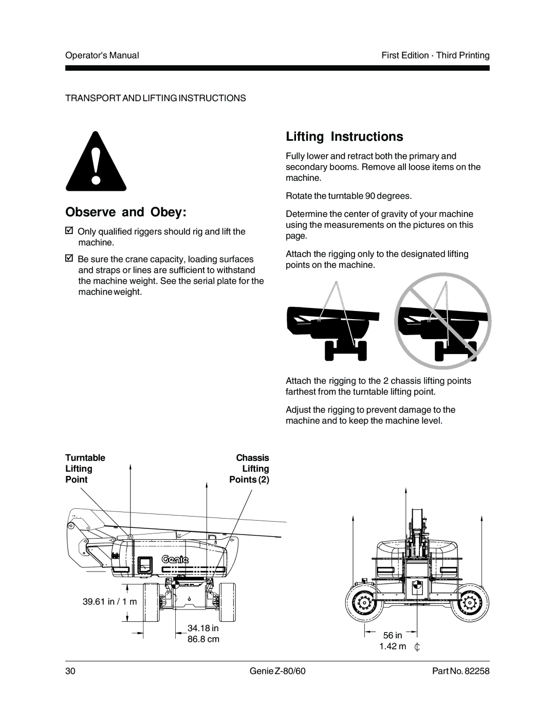 Genie Z-80, Z-60 manual Lifting Instructions, Turntable Chassis Lifting Point Points 