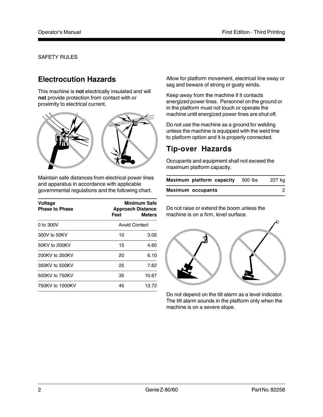 Genie Z-80, Z-60 manual Electrocution Hazards, Tip-over Hazards 