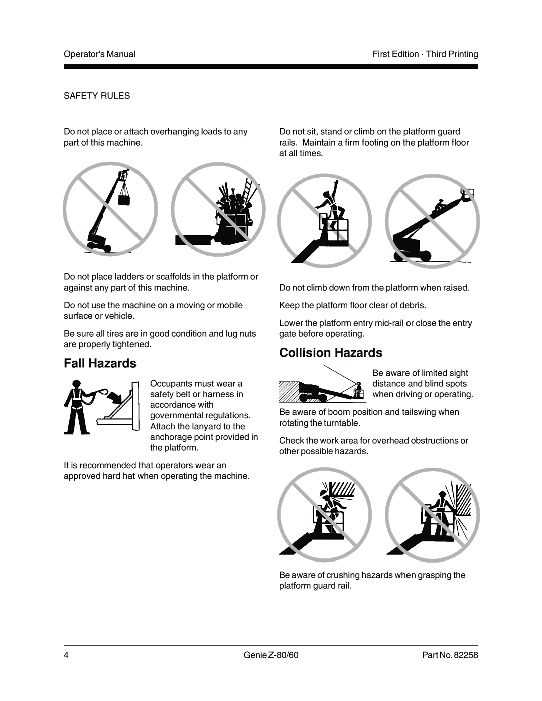 Genie Z-80, Z-60 manual Fall Hazards, Collision Hazards 