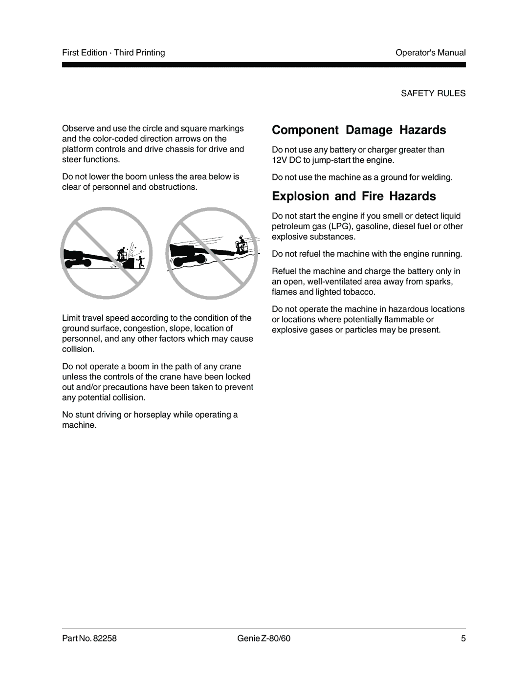 Genie Z-80, Z-60 manual Component Damage Hazards, Explosion and Fire Hazards 