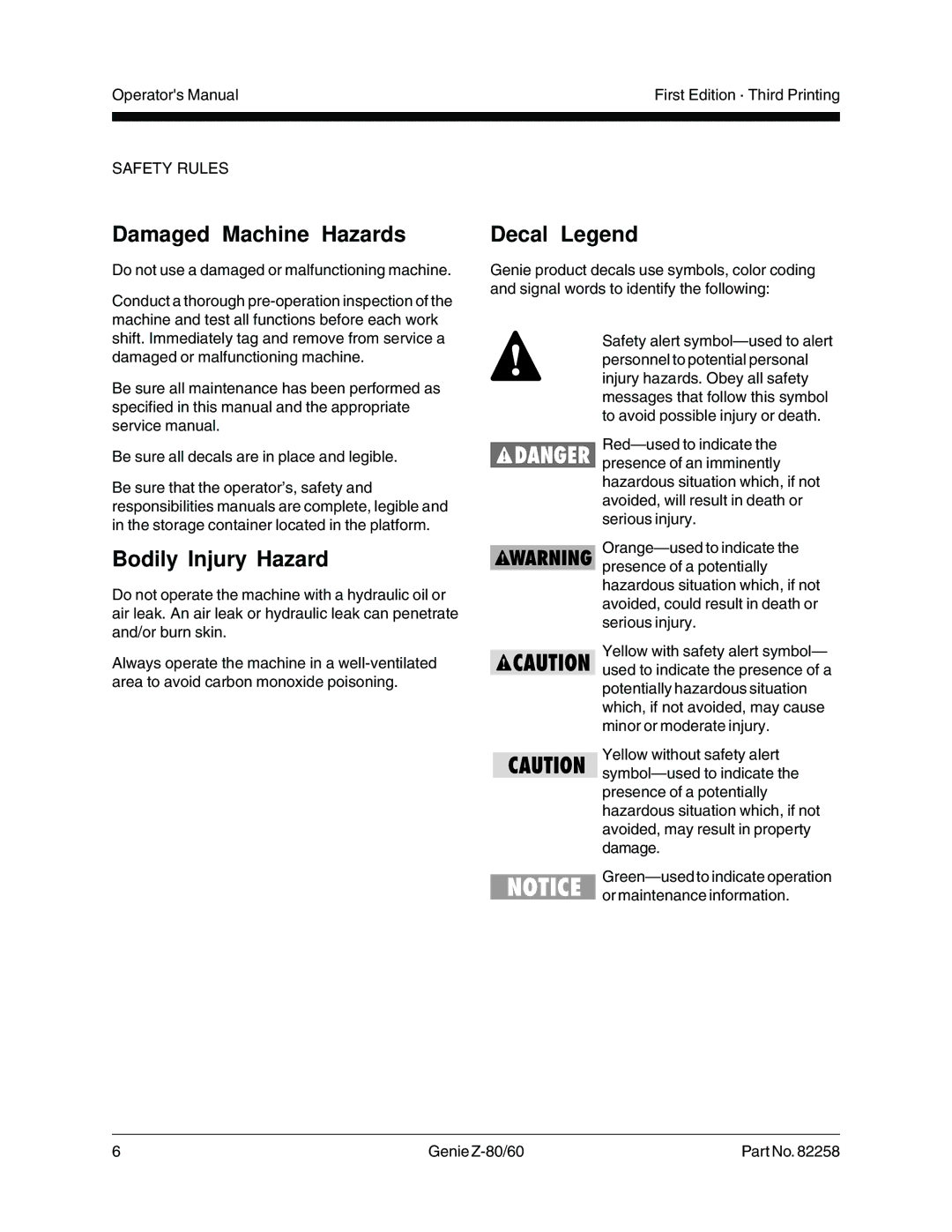 Genie Z-80, Z-60 manual Damaged Machine Hazards, Bodily Injury Hazard, Decal Legend 