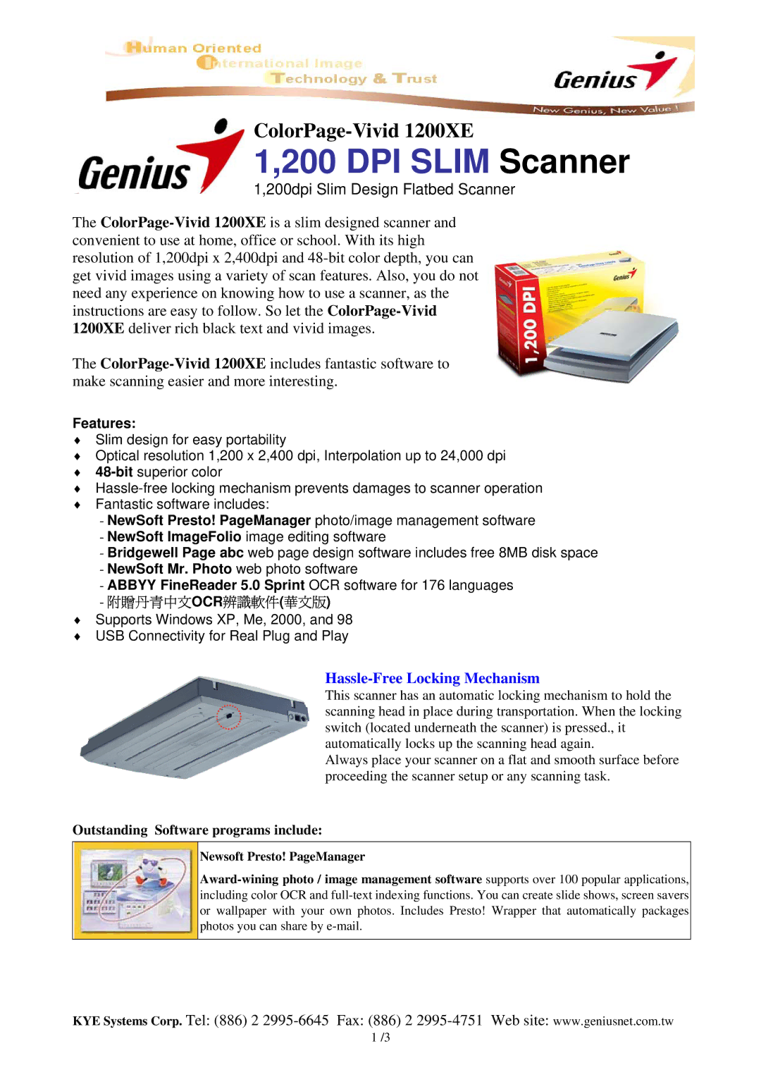 Genius 1200XE manual DPI Slim Scanner, Outstanding Software programs include 