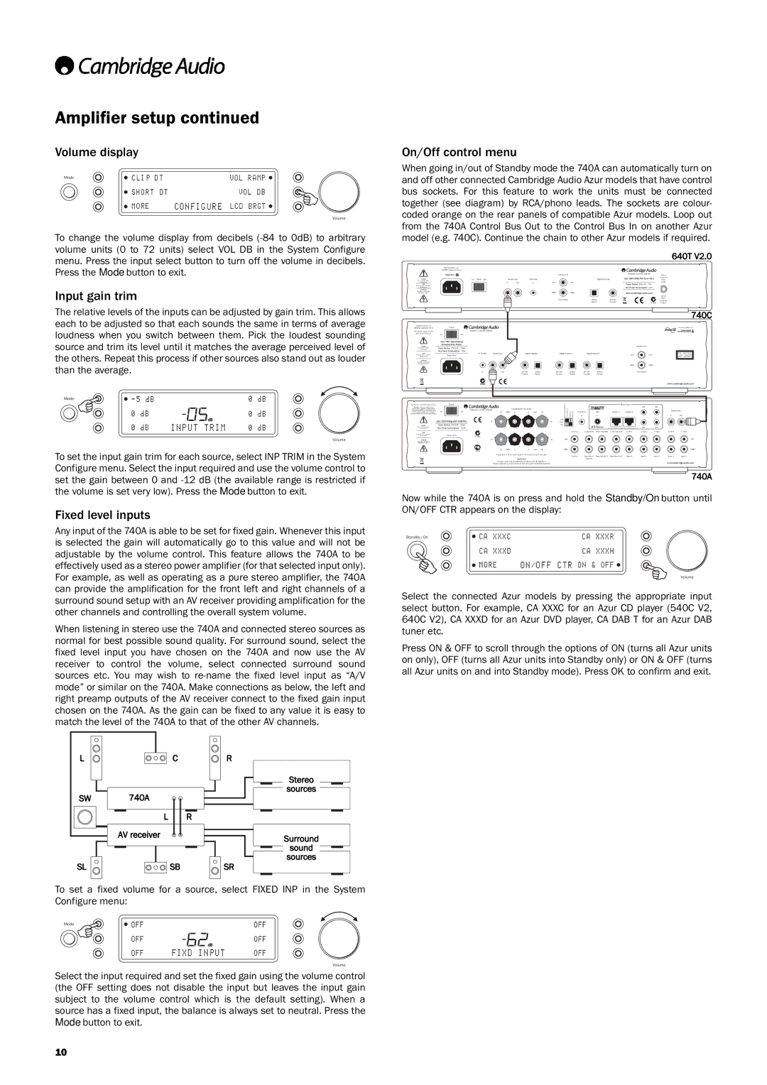 Genius 740A user manual Volume display, Input gain trim, Fixed level inputs, On/Off control menu 