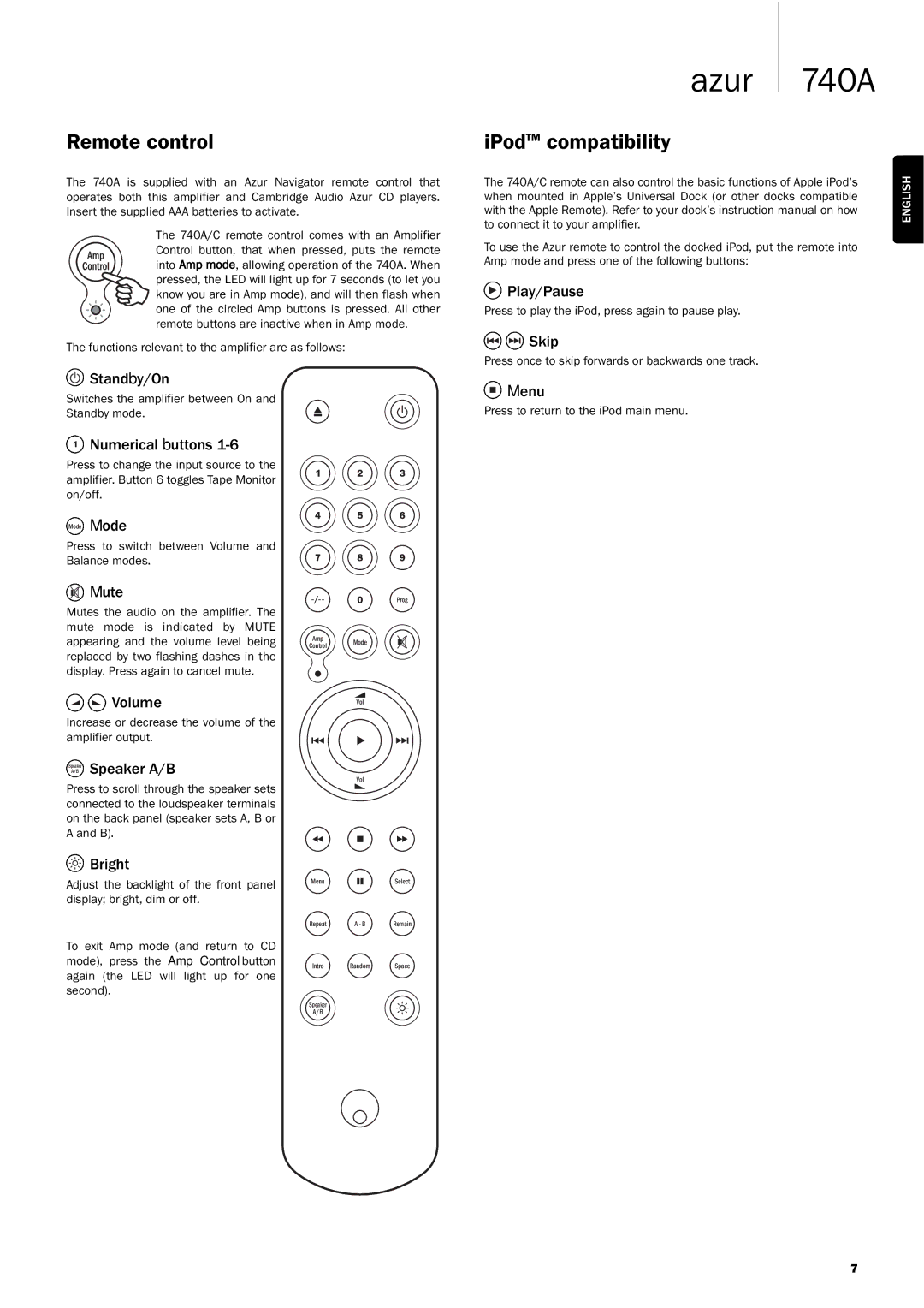 Genius 740A user manual Remote control, IPodTM compatibility 