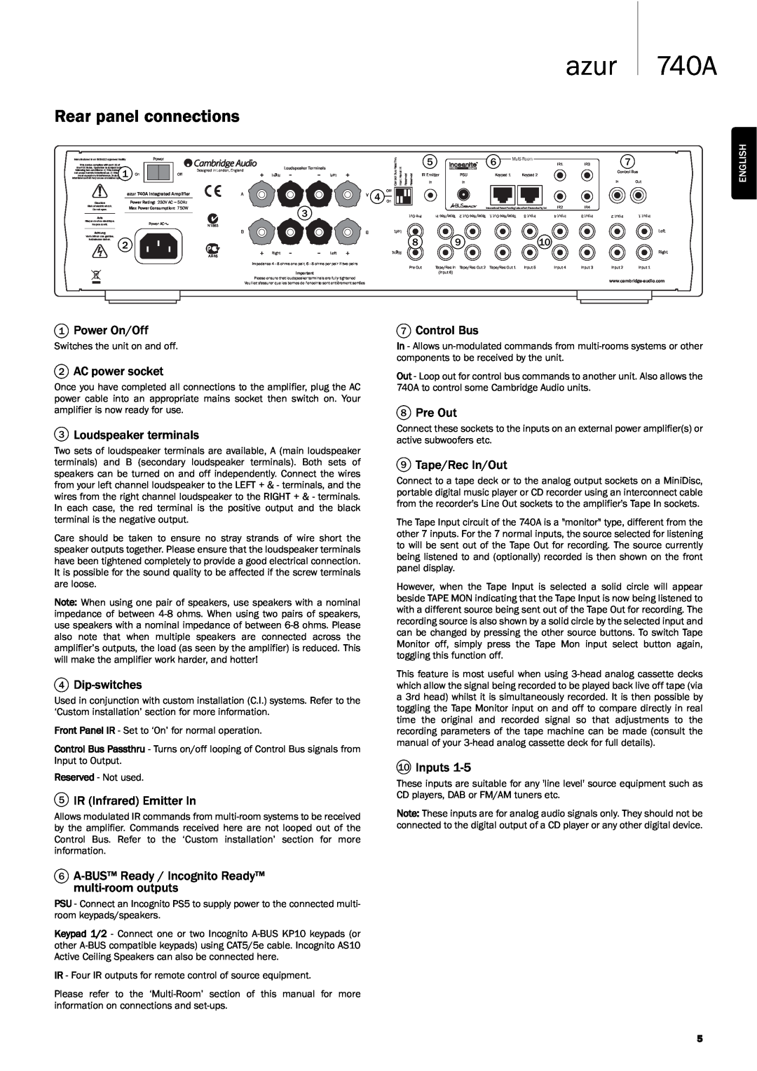 Genius user manual Rear panel connections, azur 740A 