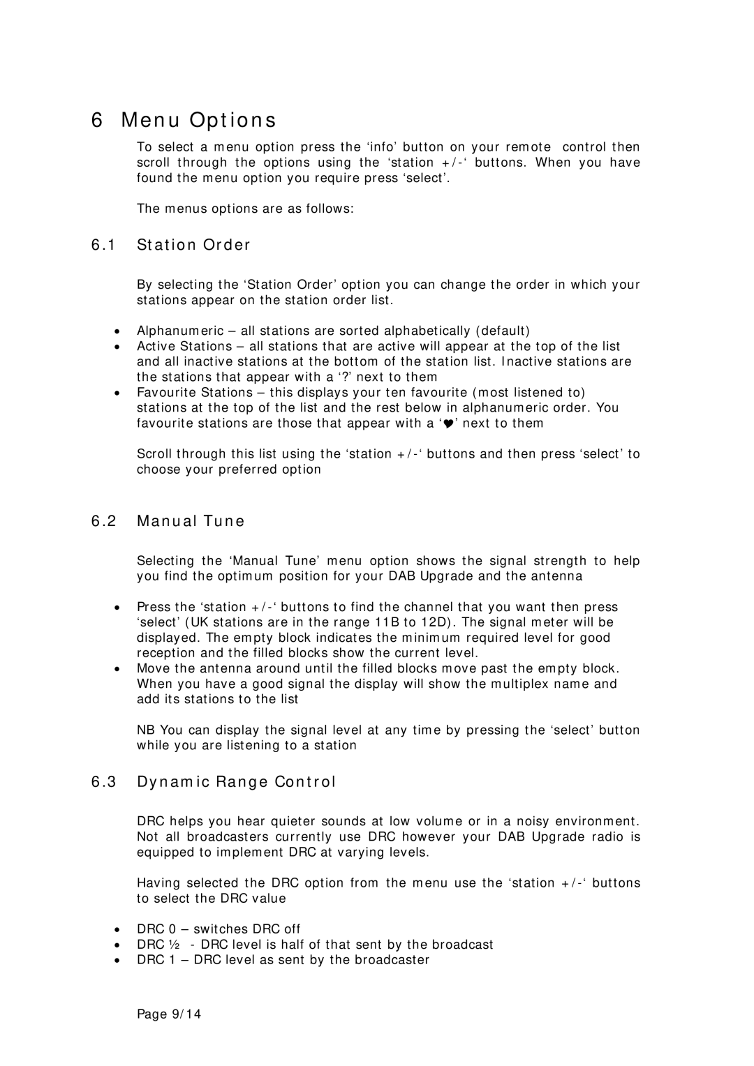 Genius DU1/DU2 manual Menu Options, Station Order, Manual Tune, Dynamic Range Control 