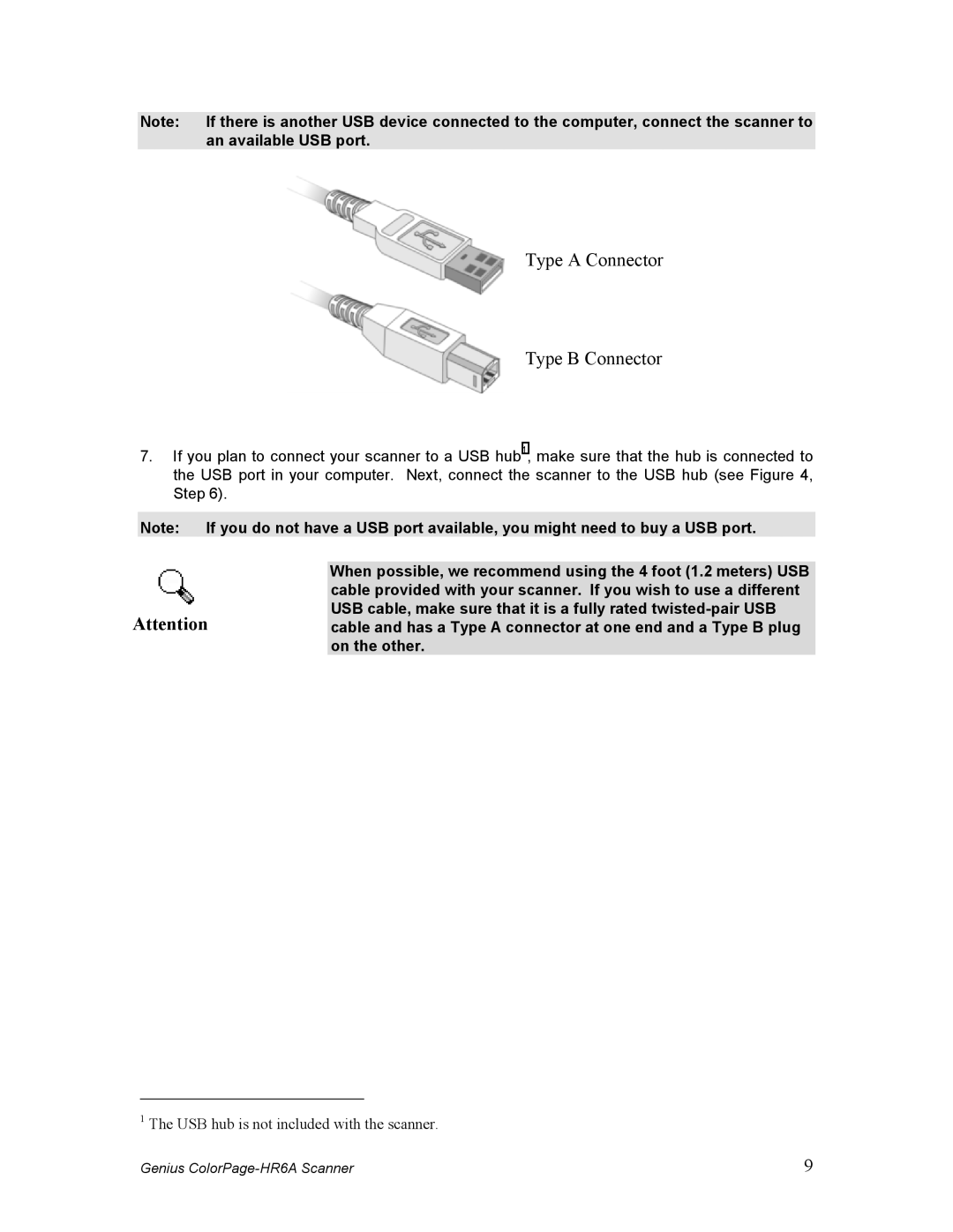 Genius HR6A manual Type a Connector Type B Connector, An available USB port 