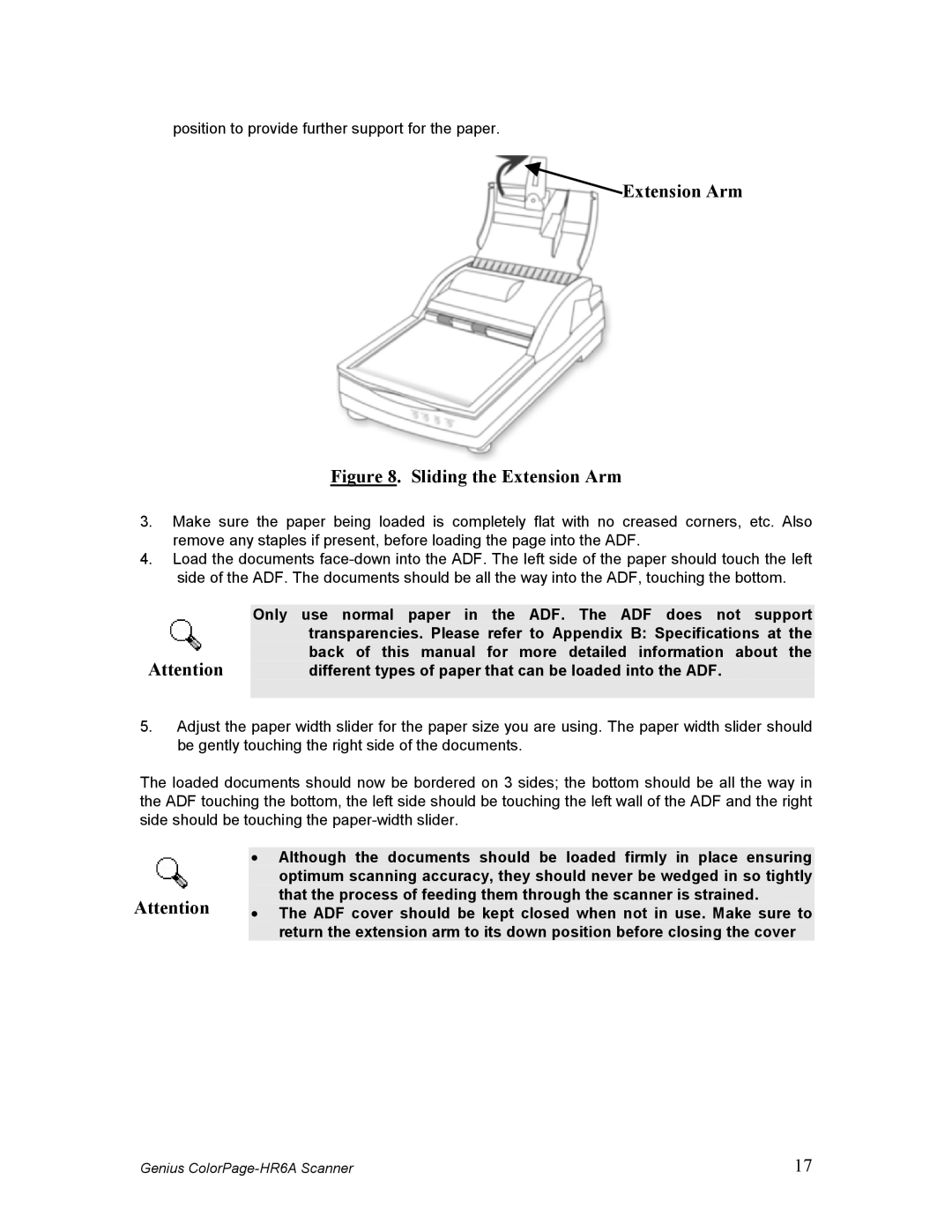 Genius HR6A manual Only use normal paper in the ADF. The ADF does not support 