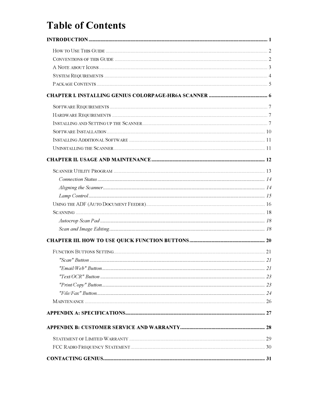 Genius HR6A manual Table of Contents 