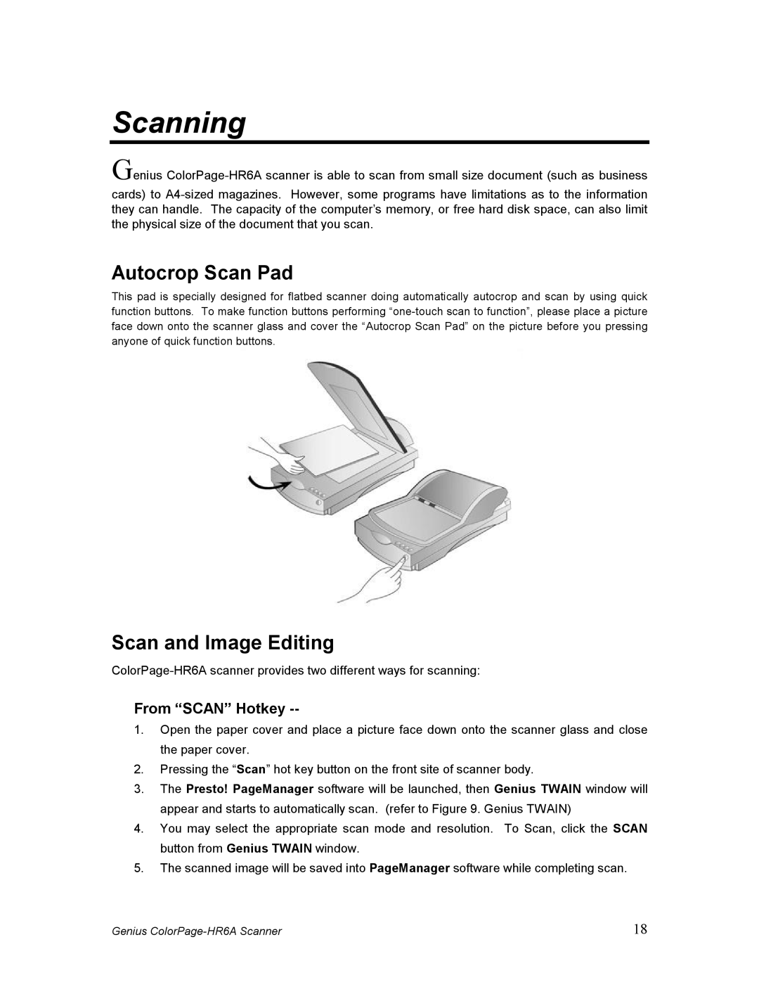 Genius HR6A manual Scanning, Autocrop Scan Pad, Scan and Image Editing 