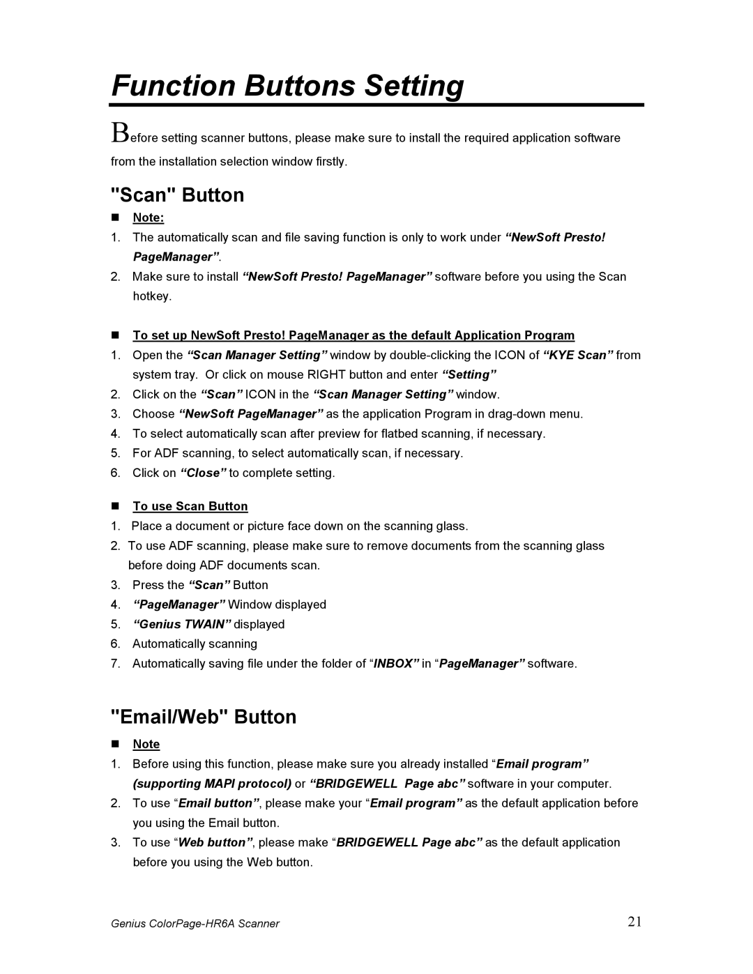 Genius HR6A manual Function Buttons Setting, Email/Web Button, To use Scan Button 