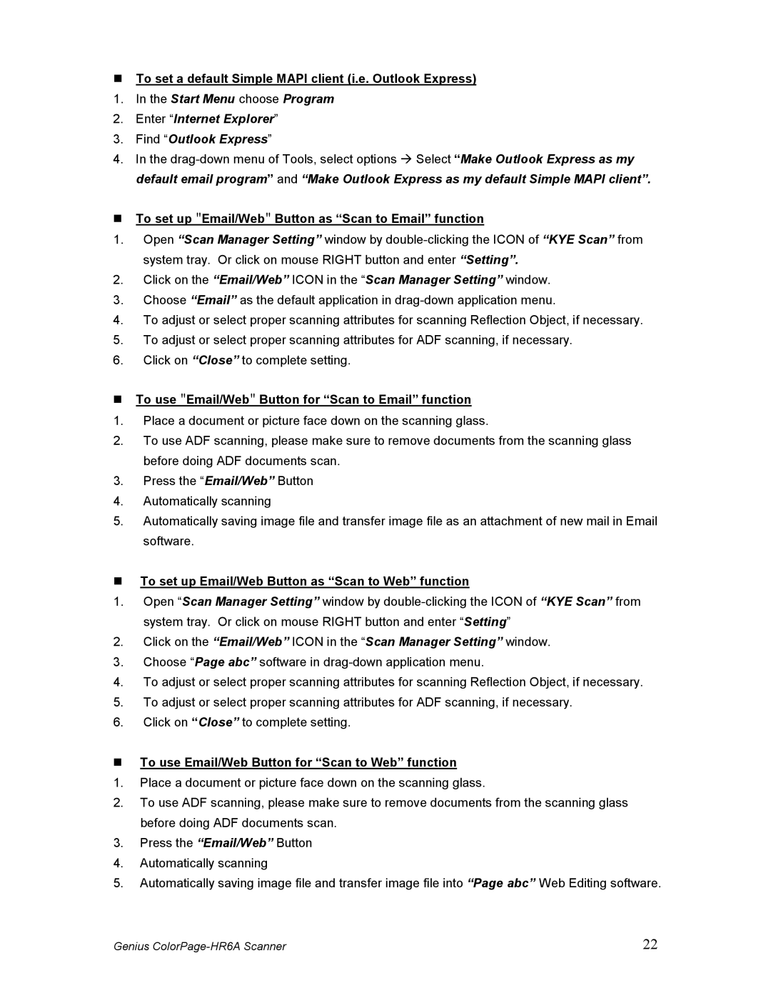 Genius HR6A To set a default Simple Mapi client i.e. Outlook Express, To set up Email/Web Button as Scan to Email function 