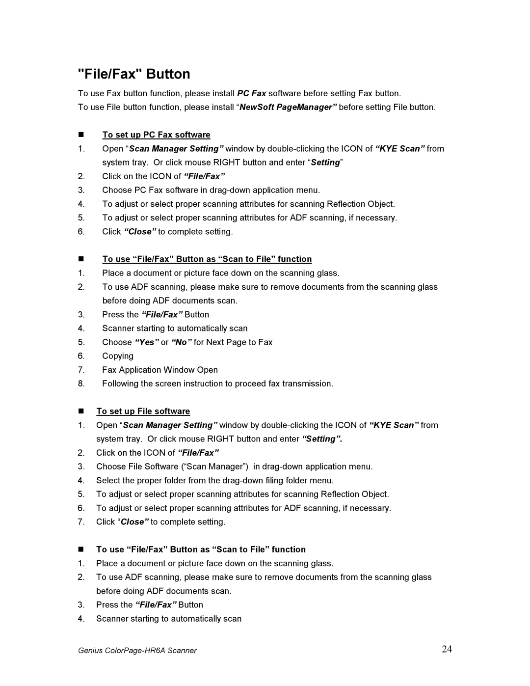 Genius HR6A manual To set up PC Fax software, To use File/Fax Button as Scan to File function, To set up File software 