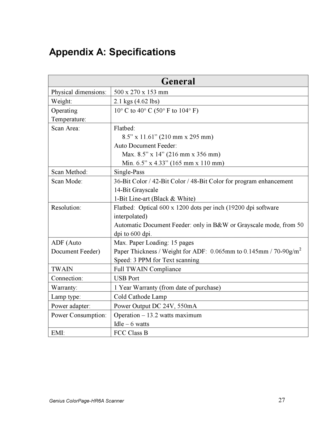 Genius HR6A manual Appendix a Specifications, General 