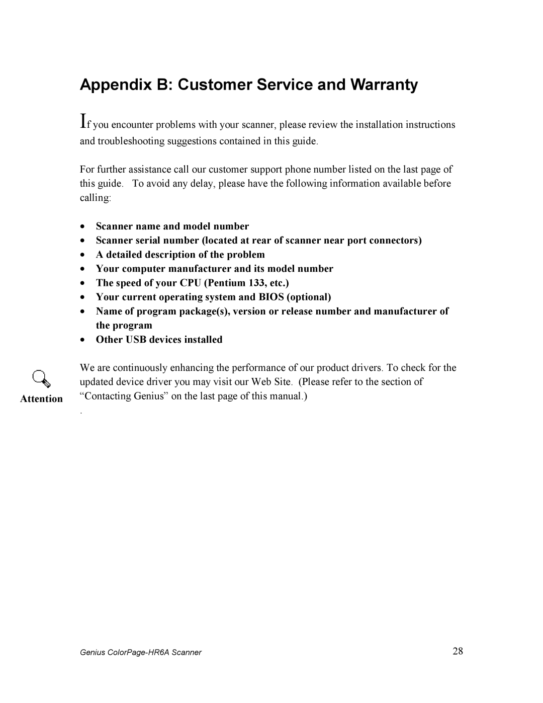 Genius HR6A manual Appendix B Customer Service and Warranty 