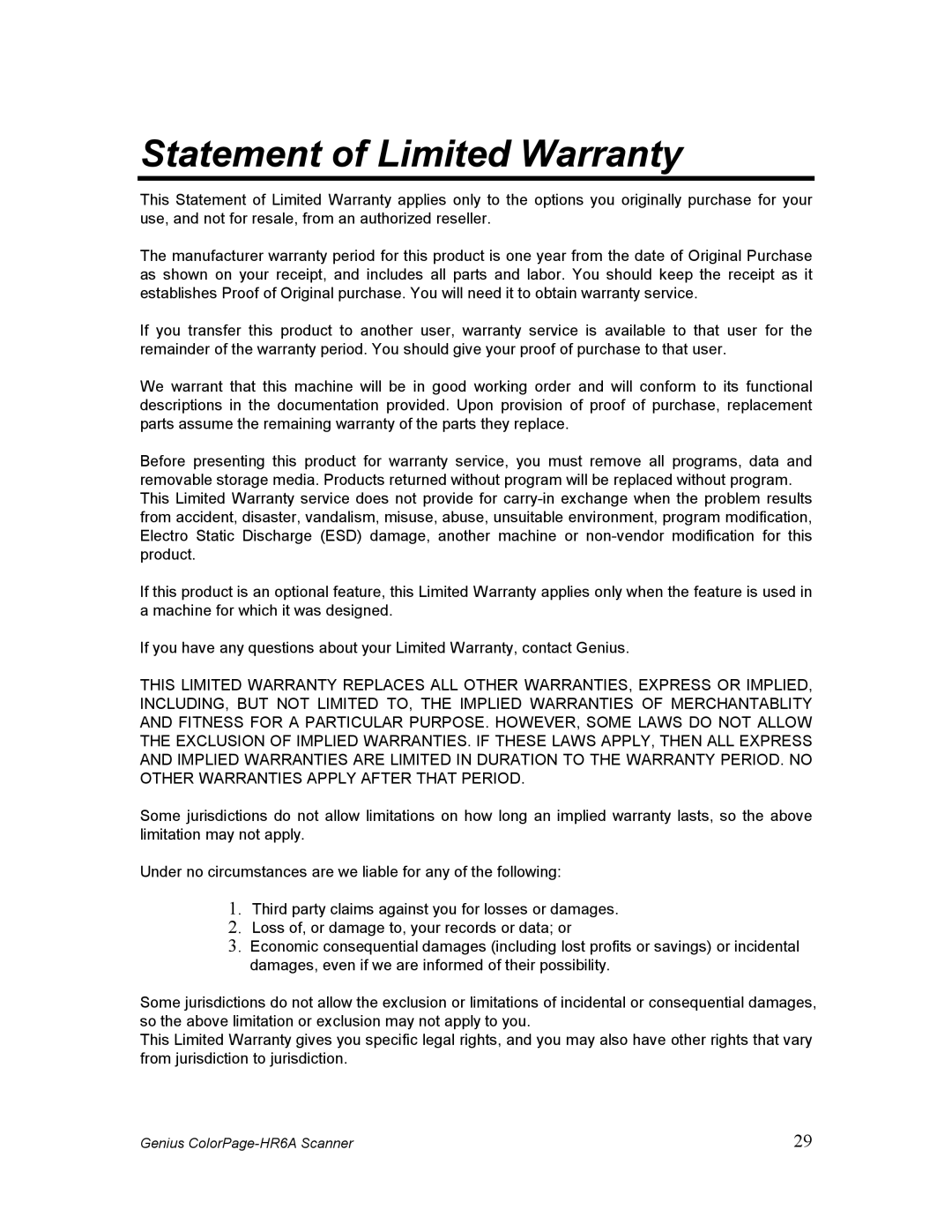 Genius HR6A manual Statement of Limited Warranty 