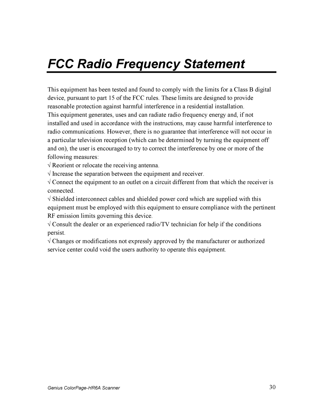 Genius HR6A manual FCC Radio Frequency Statement 