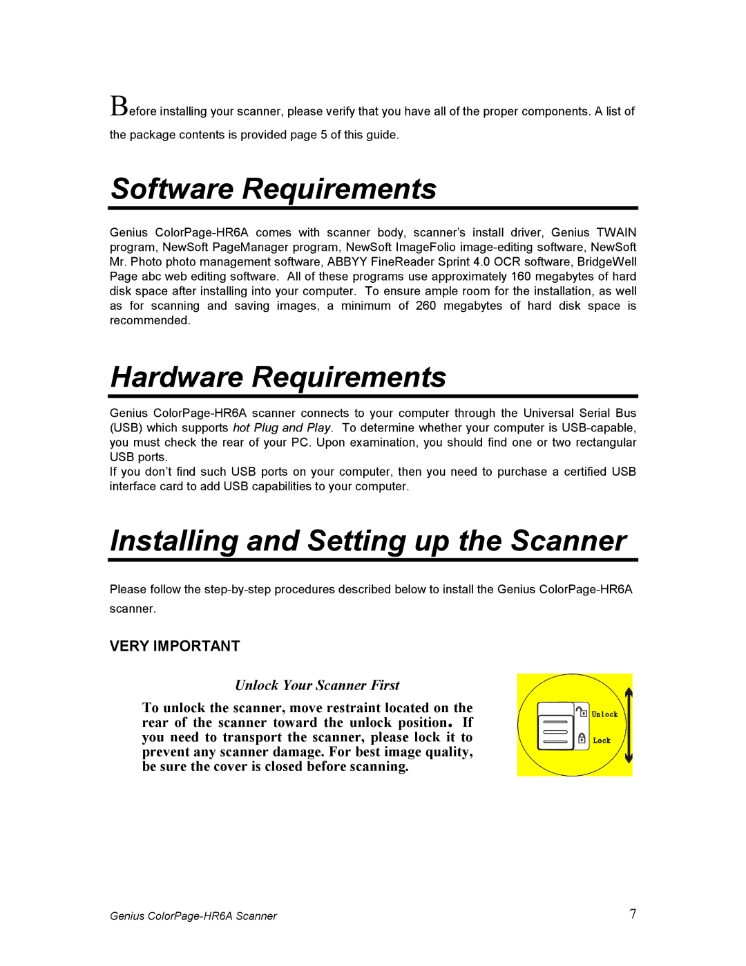 Genius HR6A manual Software Requirements, Hardware Requirements, Installing and Setting up the Scanner 