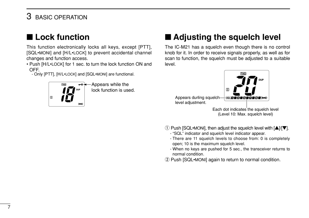 Genius IC-M21 instruction manual Lock function, Adjusting the squelch level, Appears while the lock function is used 