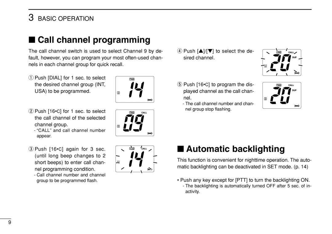 Genius IC-M21 Call channel programming, Automatic backlighting, Push any key except for PTT to turn the backlighting on 