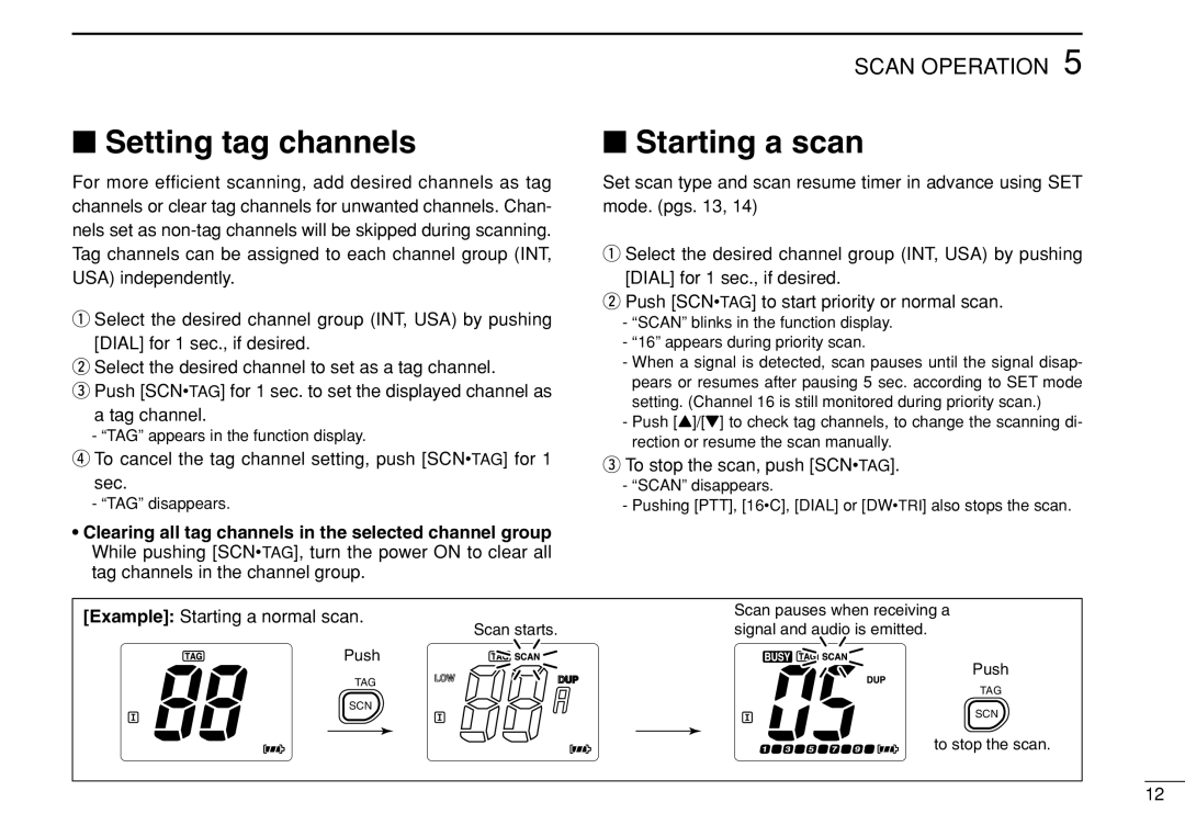 Genius IC-M21 Setting tag channels, Starting a scan, To cancel the tag channel setting, push Scntag for 1 sec 