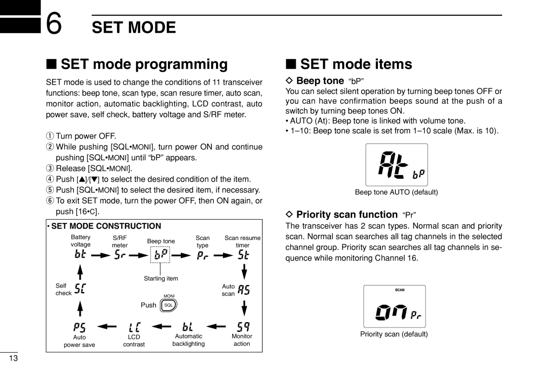 Genius IC-M21 instruction manual SET Mode, SET mode programming, SET mode items, Beep tone bP, Priority scan function Pr 