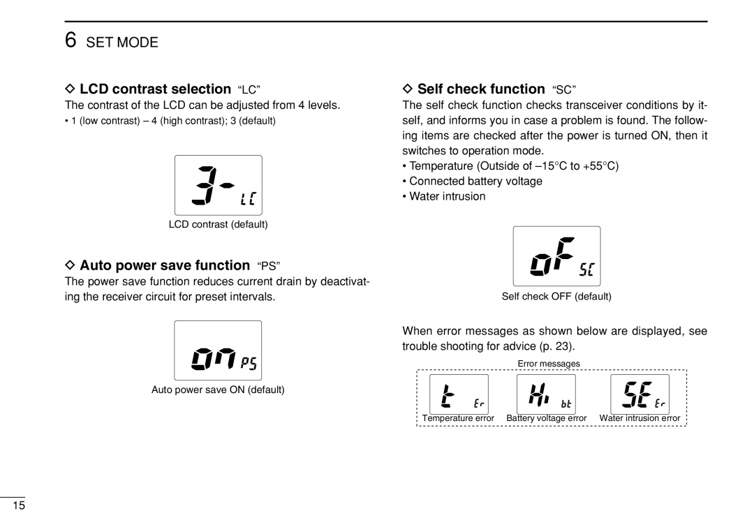 Genius IC-M21 instruction manual LCD contrast selection LC, Auto power save function PS, Self check function SC 