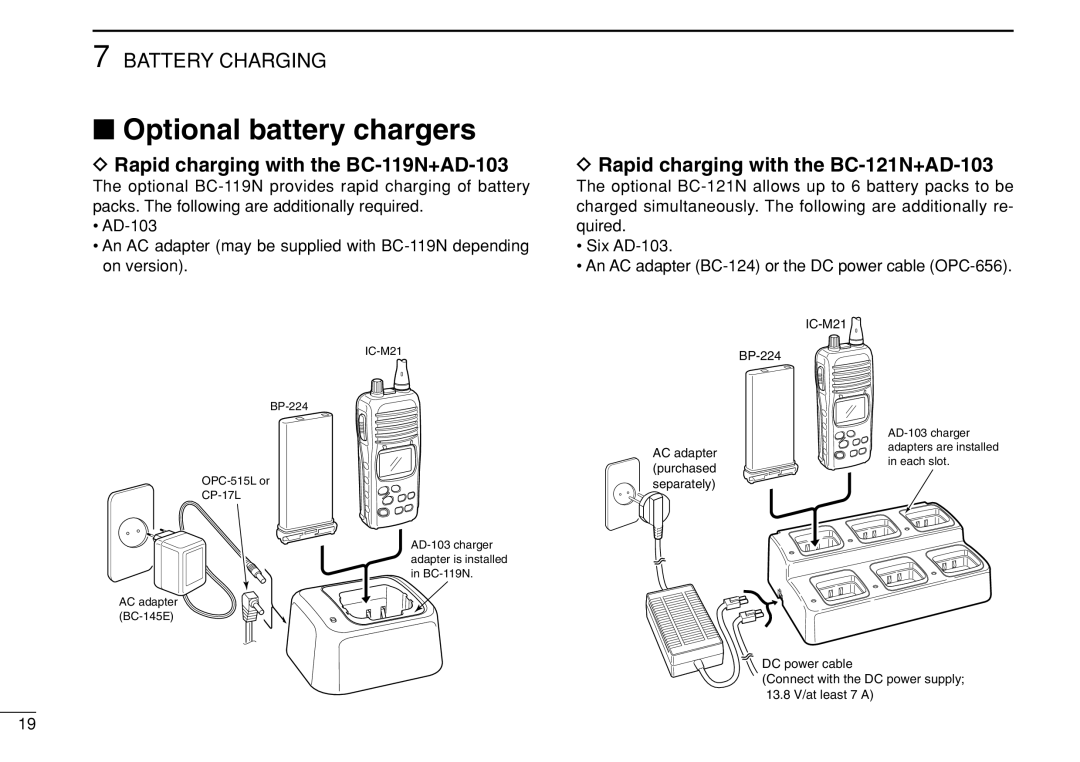 Genius IC-M21 Optional battery chargers, Rapid charging with the BC-119N+AD-103, Rapid charging with the BC-121N+AD-103 