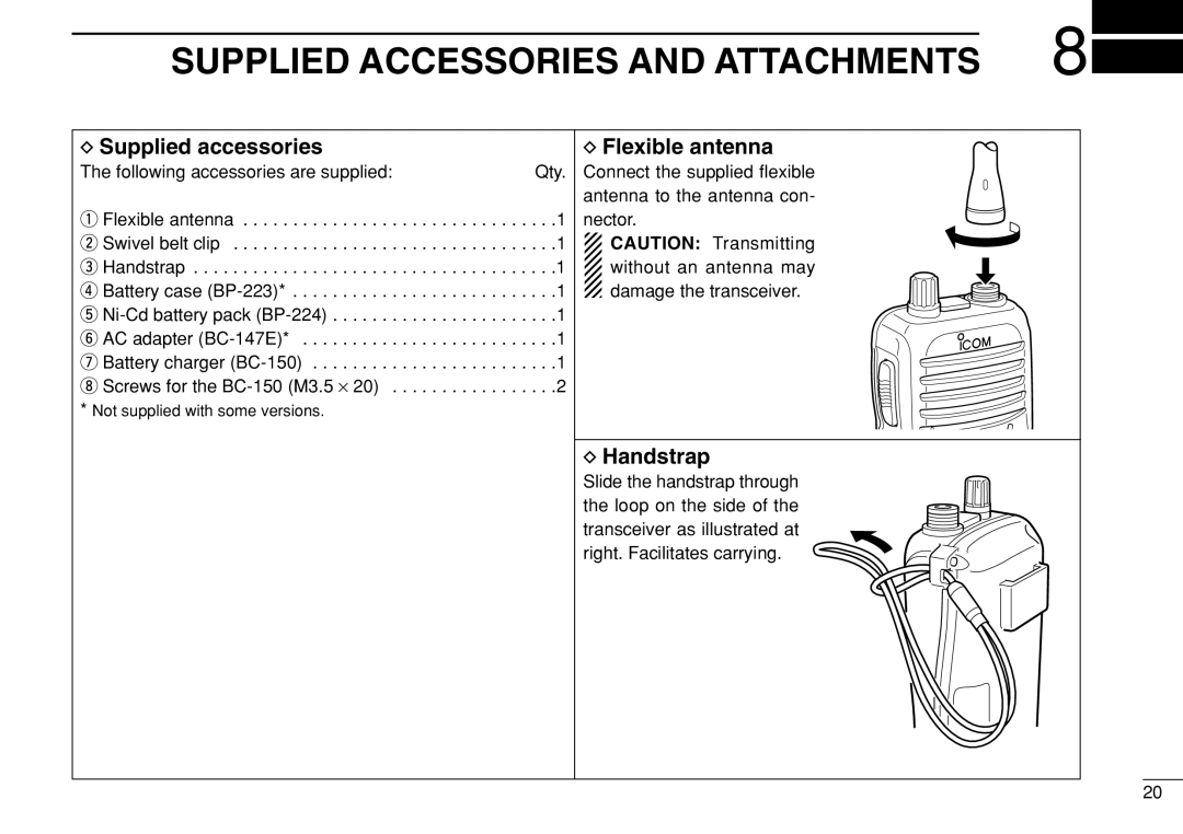 Genius IC-M21 instruction manual Supplied Accessories and Attachments, Supplied accessories, Flexible antenna, Handstrap 