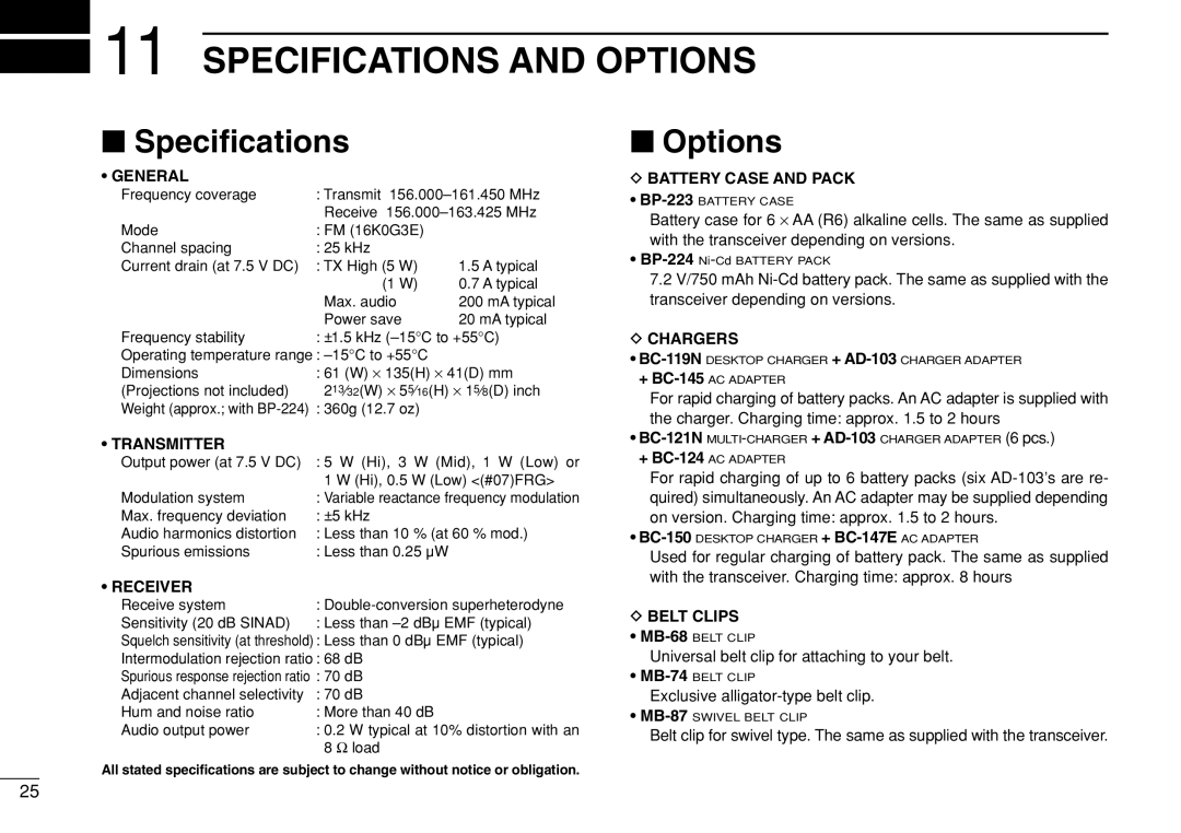 Genius IC-M21 instruction manual Specifications and Options, Speciﬁcations 