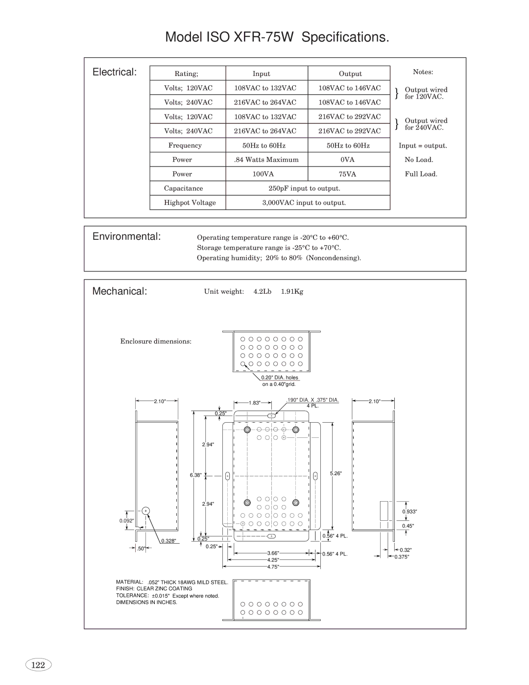 Genius 1493, 2093, 2793, 3693, 1793, 1993, ISO XFR-100W manual Model ISO XFR-75W Specifications 