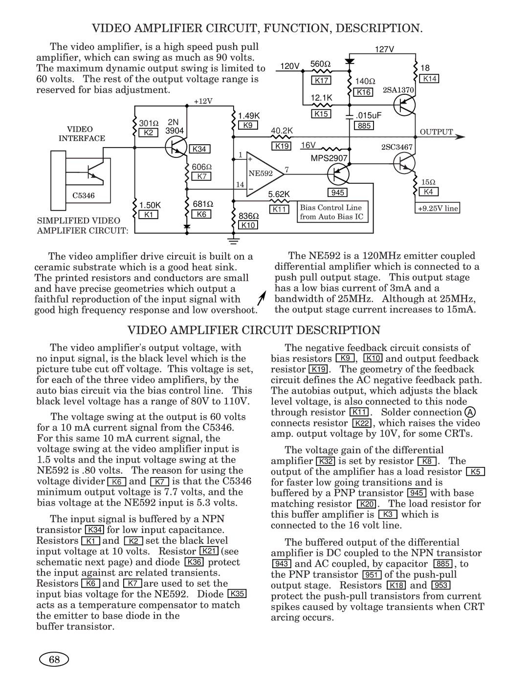 Genius 3693, ISO XFR-75W, 2093, 1493, 2793, 1793, 1993, ISO XFR-100W manual Video Amplifier CIRCUIT, FUNCTION, Description 