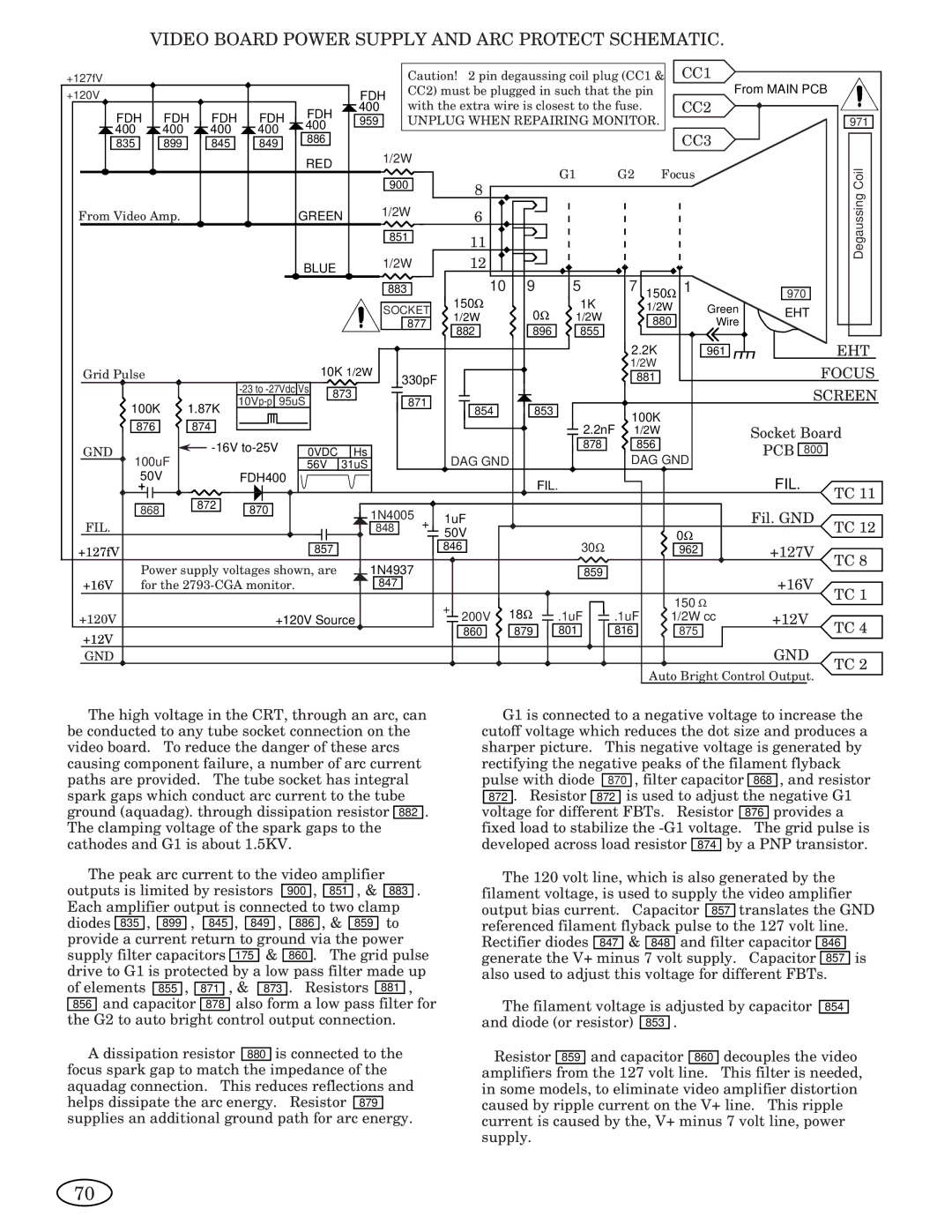 Genius 1993, ISO XFR-75W, 2093, 1493, 2793, 3693, 1793, ISO XFR-100W manual Video Board Power Supply and ARC Protect Schematic 