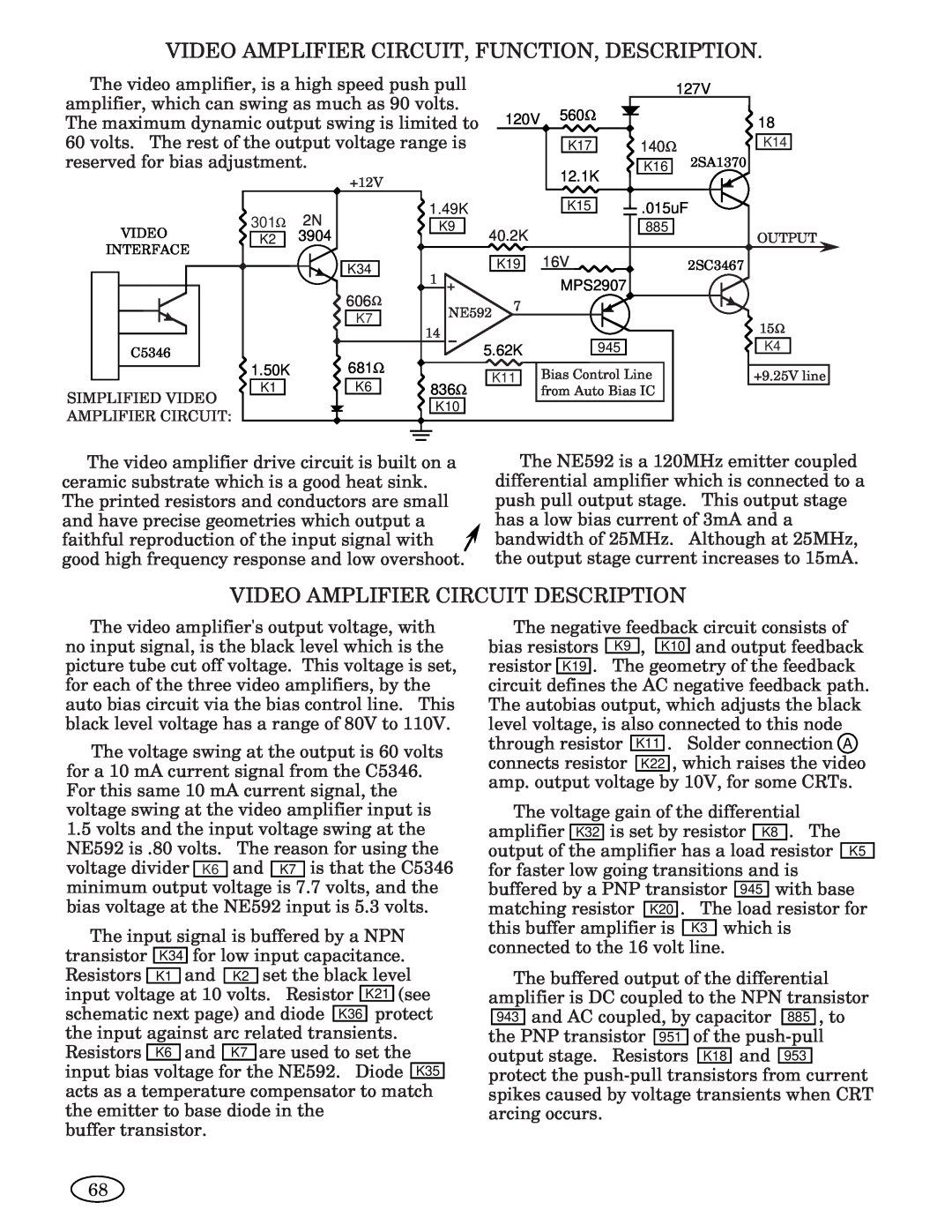 Genius 3693 Video Amplifier Circuit, Function, Description, Video Amplifier Circuit Description, 127V, 120V, 560Ω, 12.1K 