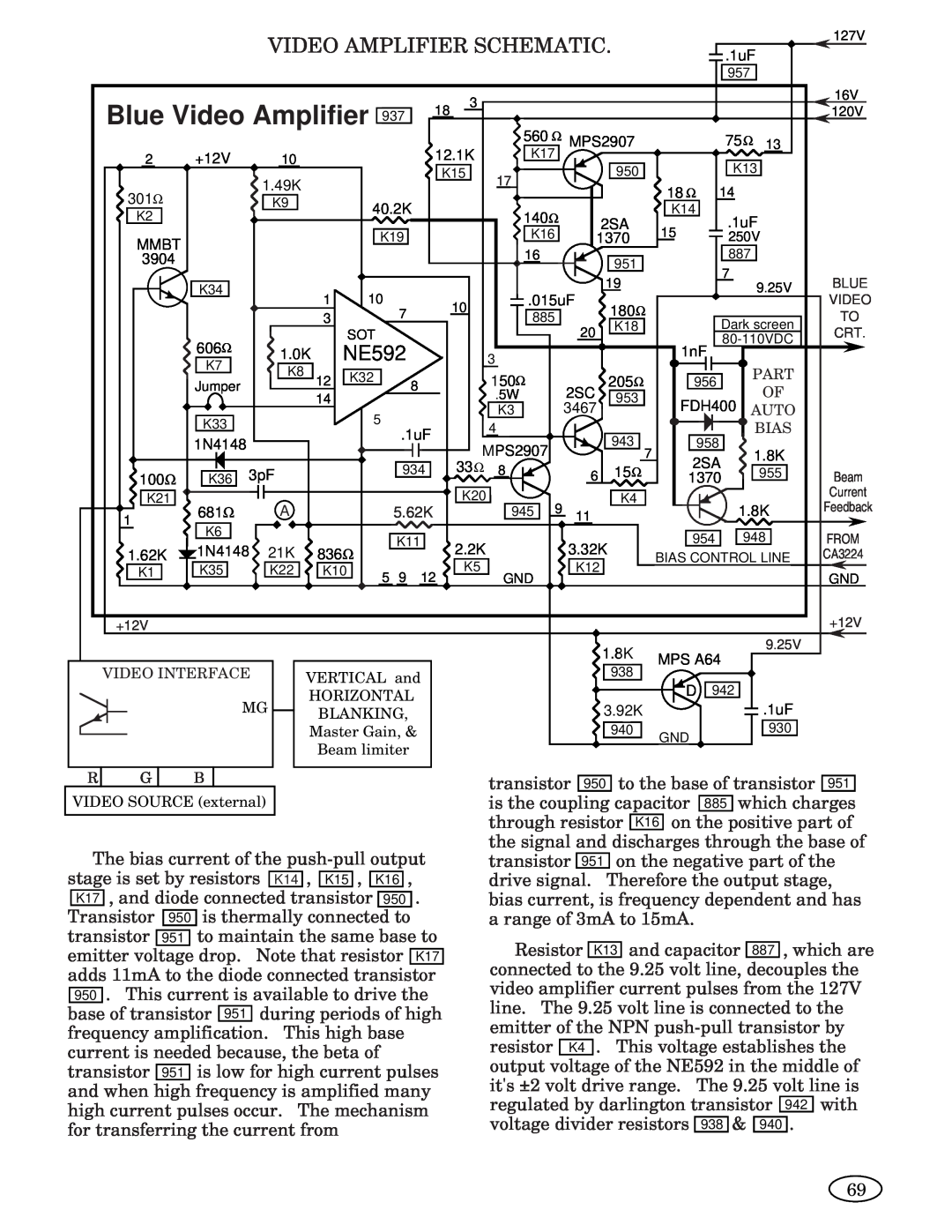 Genius 1793, ISO XFR-75W, 2093, 1493, 2793, 3693, 1993, ISO XFR-100W manual Video Amplifier Schematic, NE592, Blue Video Amplifier 