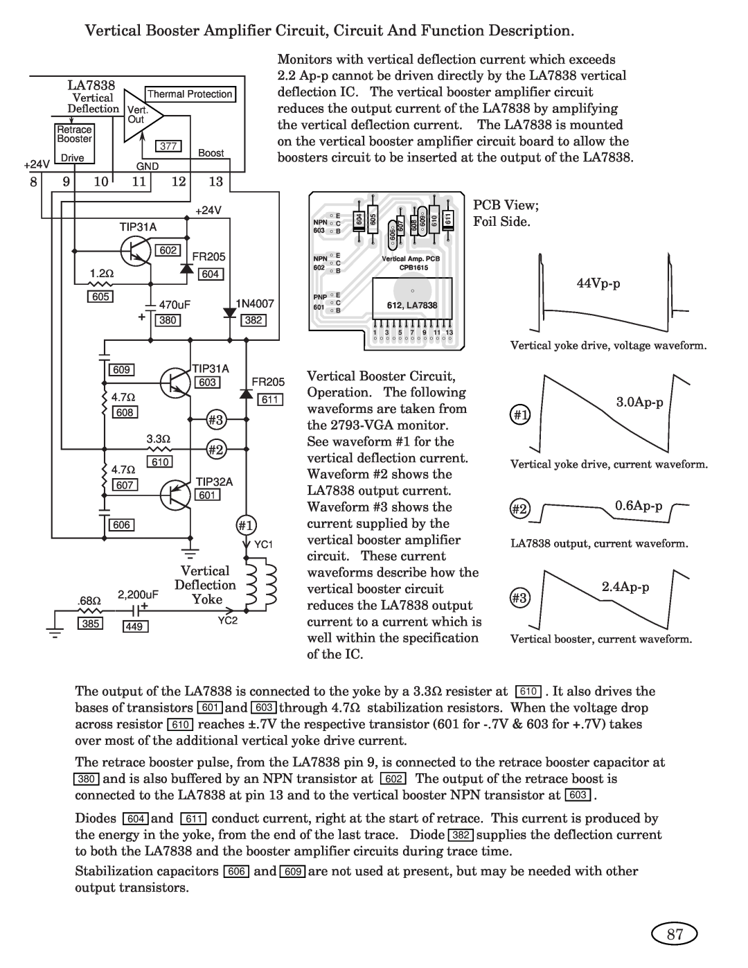 Genius ISO XFR-100W, ISO XFR-75W, 2093 Vertical Booster Amplifier Circuit, Circuit And Function Description, 612, LA7838 