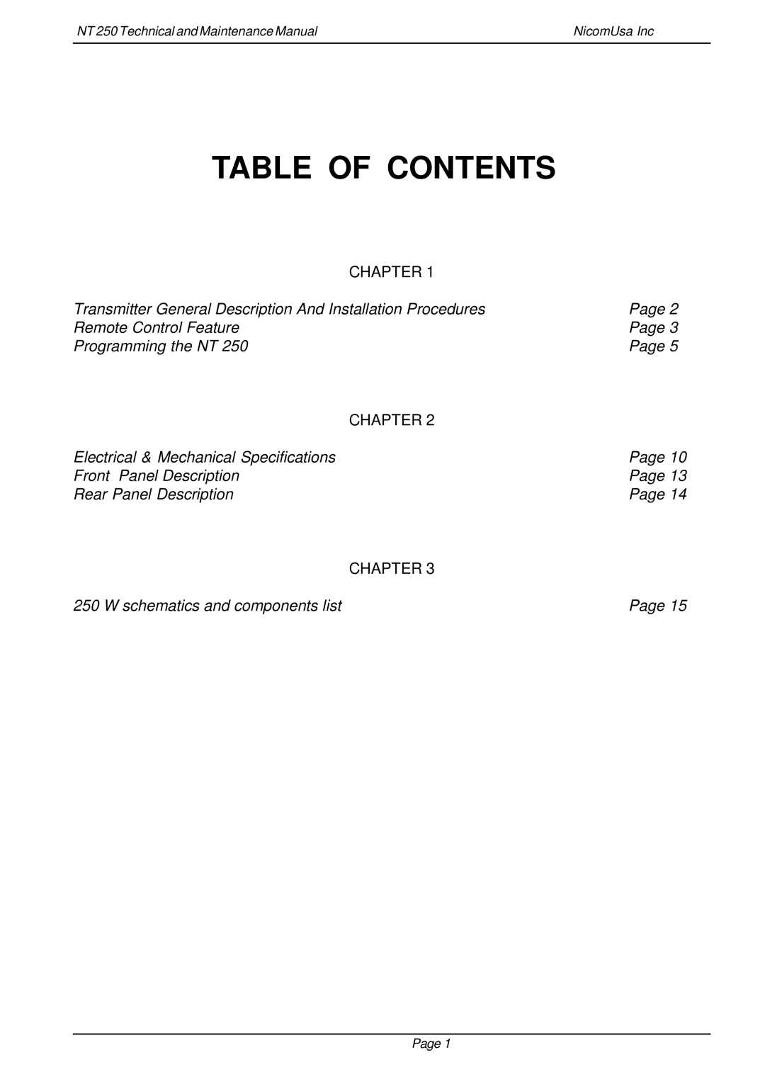 Genius NT 250 specifications Table of Contents 