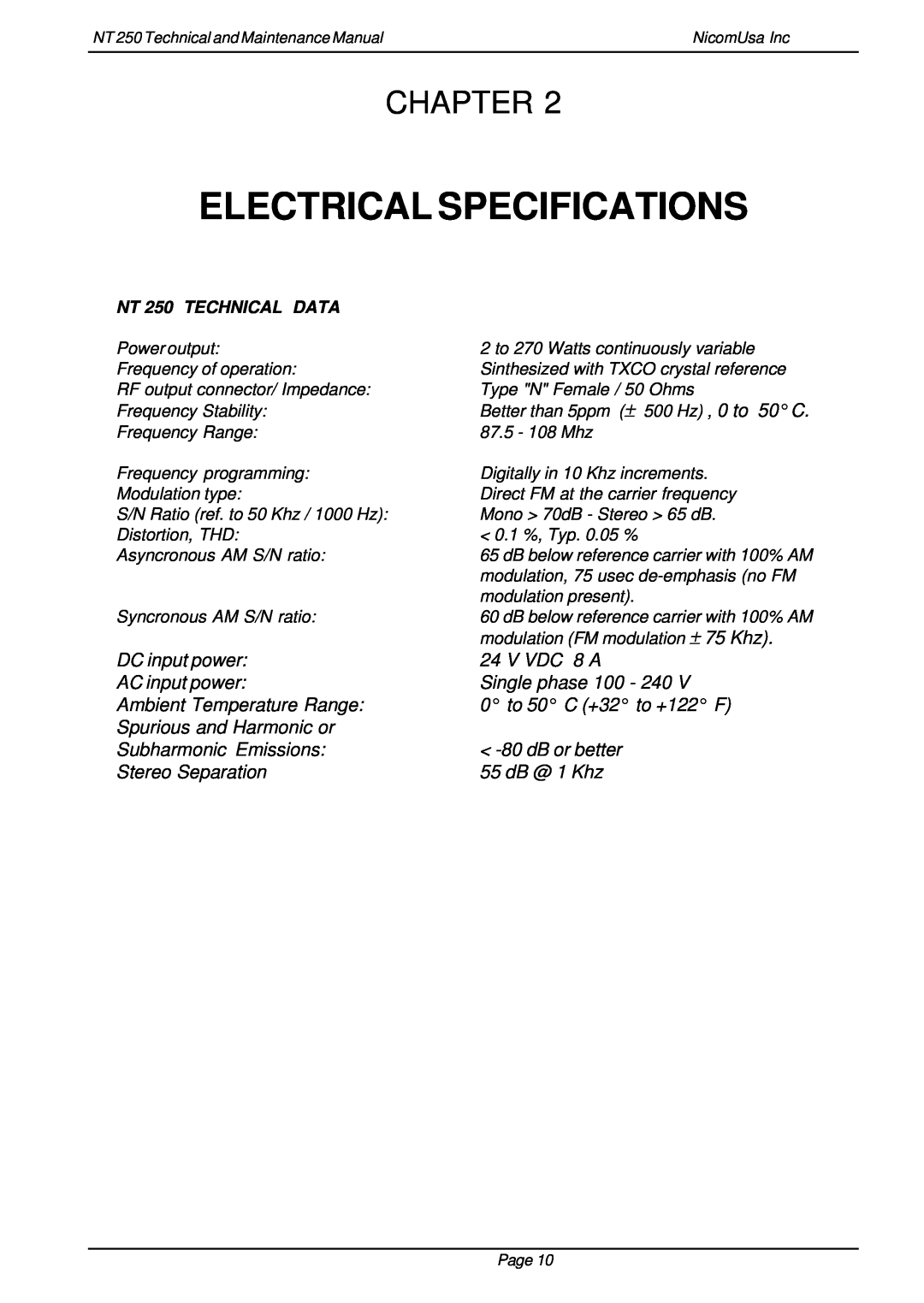 Genius NT 250 specifications Electrical Specifications, Chapter 